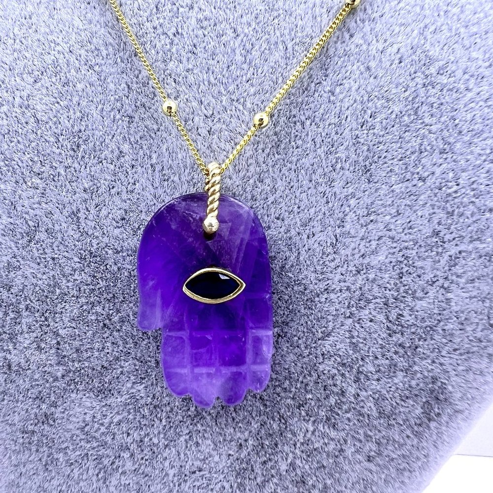 14K Gold Plate Amethyst Hamsa Necklace